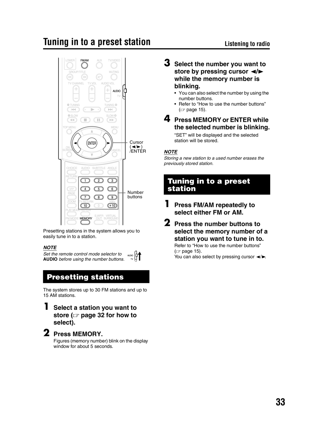 JVC LVT1286-003A manual Tuning in to a preset station, Presetting stations 