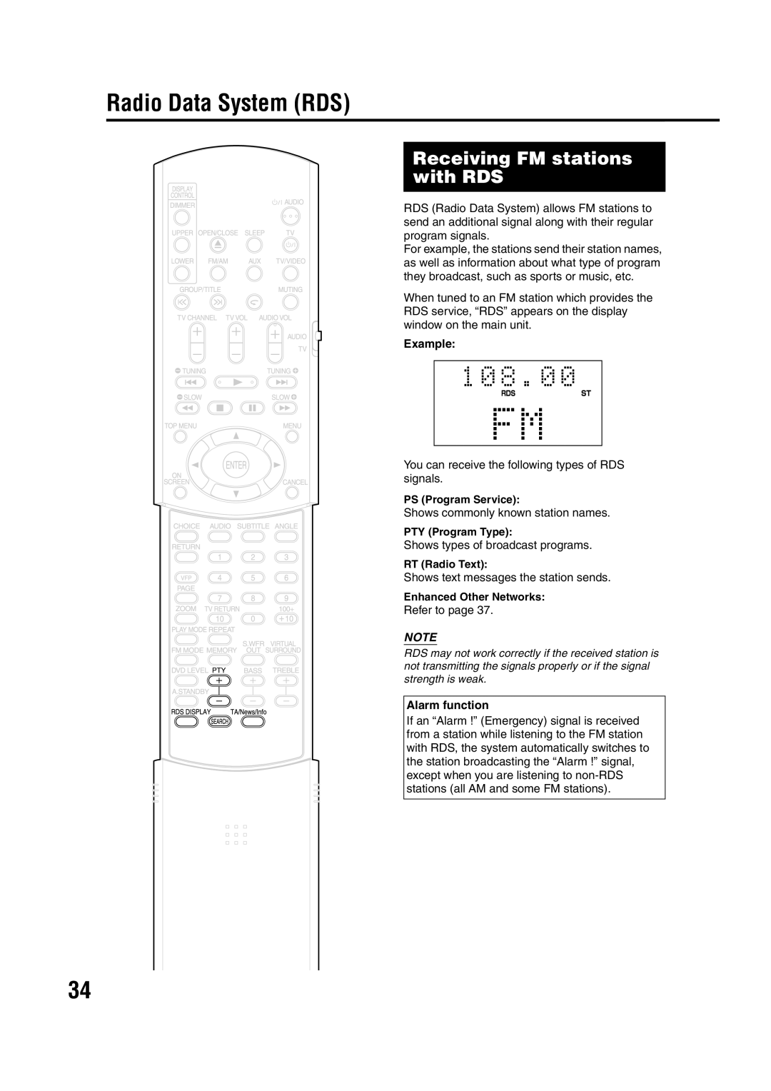 JVC LVT1286-003A manual Radio Data System RDS, Receiving FM stations with RDS, Alarm function 