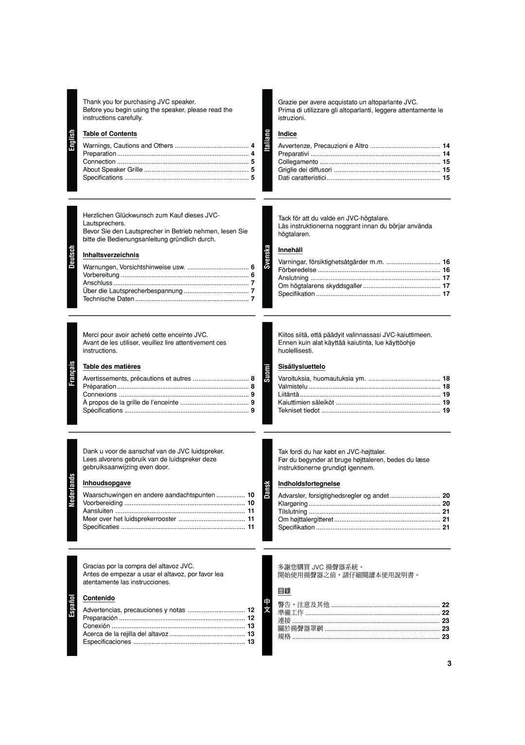 JVC LVT1293-002A Table of Contents, Inhaltsverzeichnis, Table des matières, Inhoudsopgave, Contenido, Indice, Innehåll 