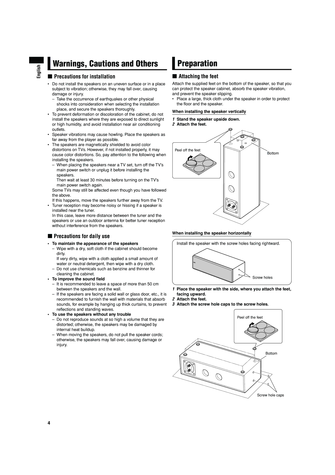 JVC LVT1293-002A manual Preparation, Precautions for installation, Precautions for daily use, Attaching the feet 