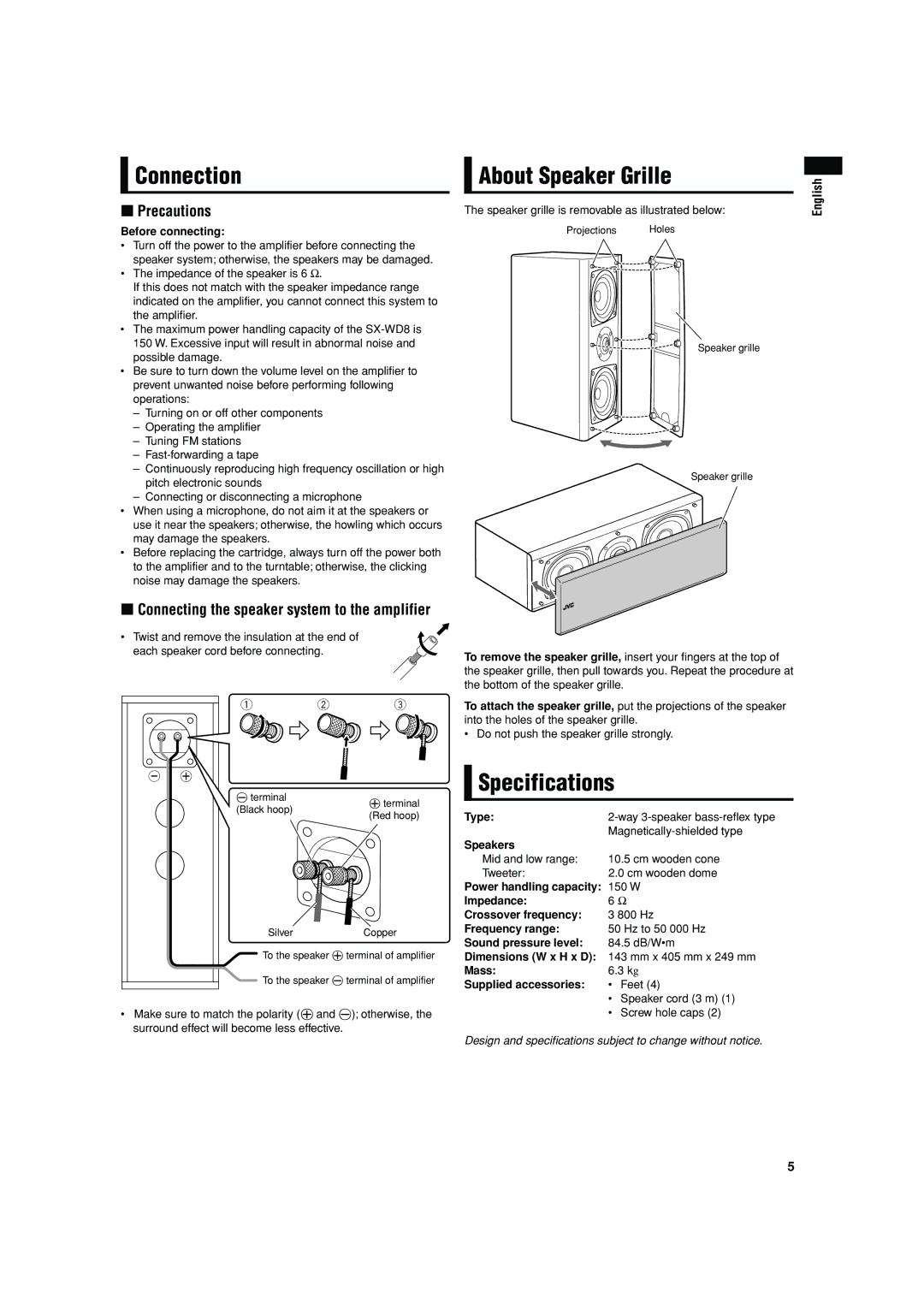 JVC LVT1293-002A manual Connection, About Speaker Grille, Specifications, Precautions 