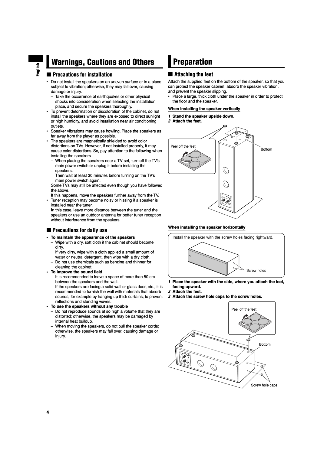 JVC LVT1293-002A Preparation, 7Precautions for installation, 7Precautions for daily use, 7Attaching the feet, English 