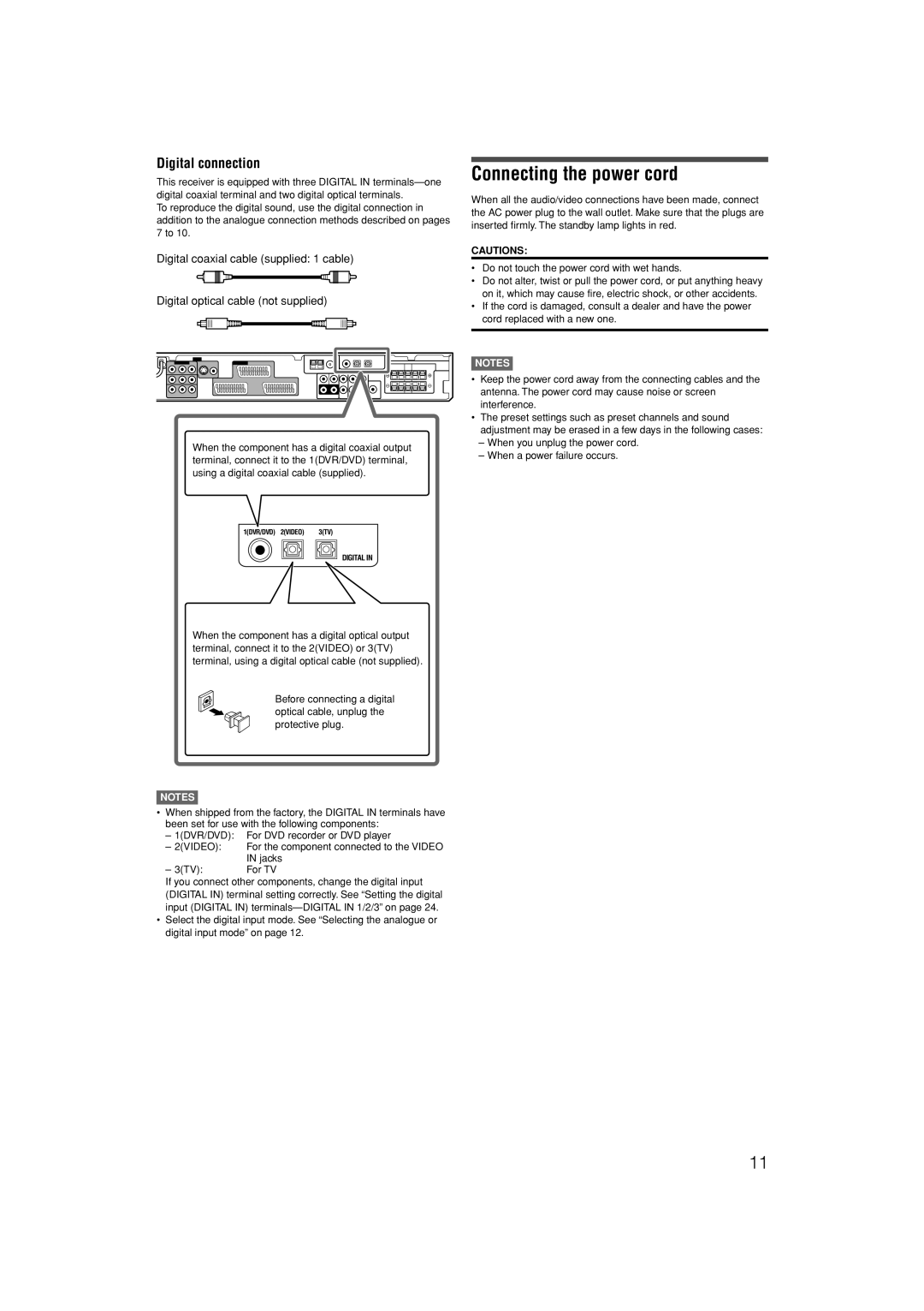 JVC LVT1306-007A manual Connecting the power cord, Digital connection 