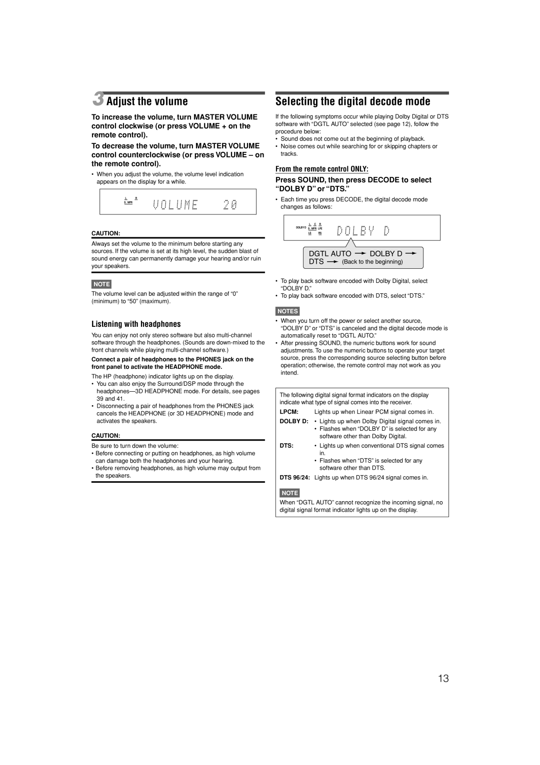 JVC LVT1306-007A manual Adjust the volume, Selecting the digital decode mode, Listening with headphones 