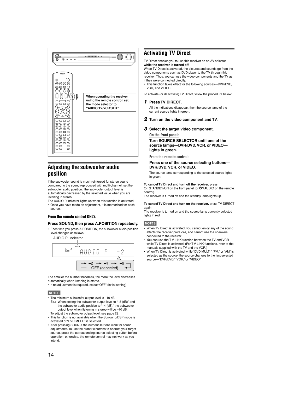 JVC LVT1306-007A manual Adjusting the subwoofer audio position, Activating TV Direct, OFF canceled, Press TV Direct 