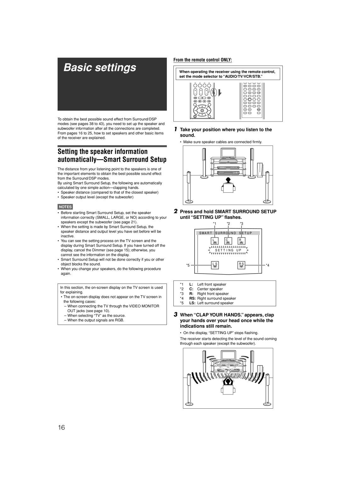 JVC LVT1306-007A manual Basic settings, From the remote control only, Take your position where you listen to the sound 