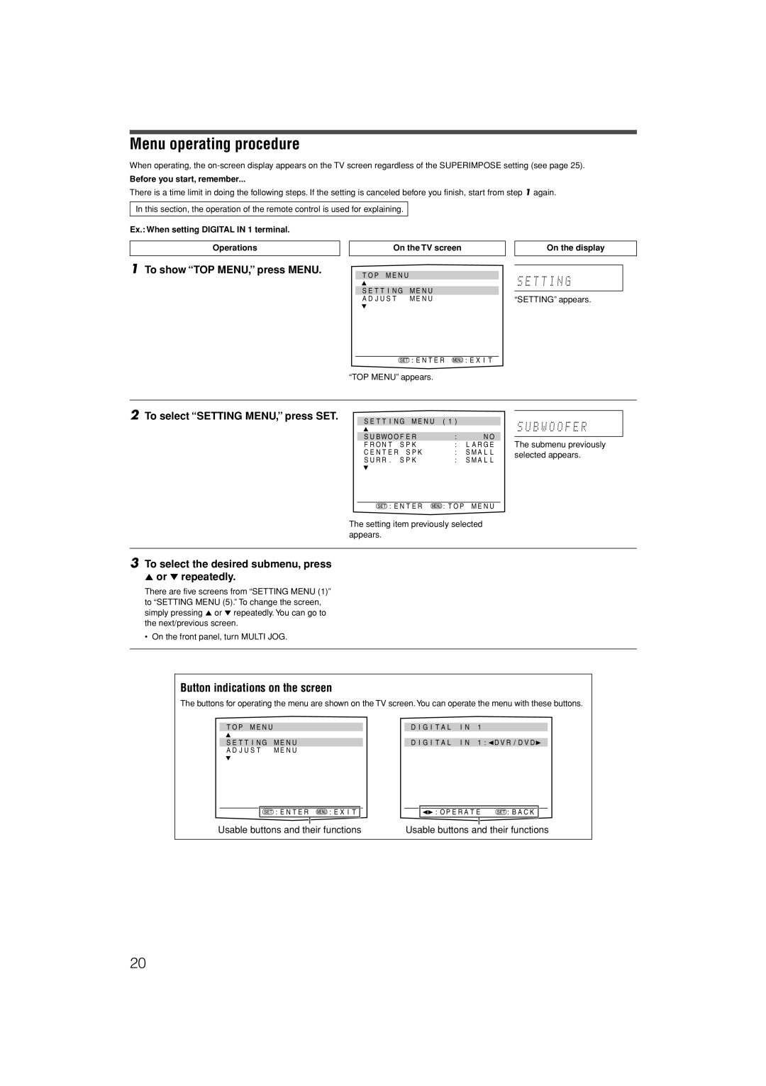 JVC LVT1306-007A manual Menu operating procedure, Button indications on the screen, To select Setting MENU, press SET 