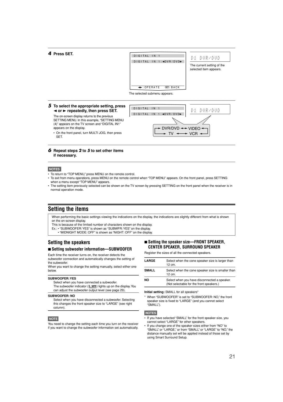 JVC LVT1306-007A Setting the items, Setting the speakers, Press SET, Repeat steps 2 to 5 to set other items if necessary 