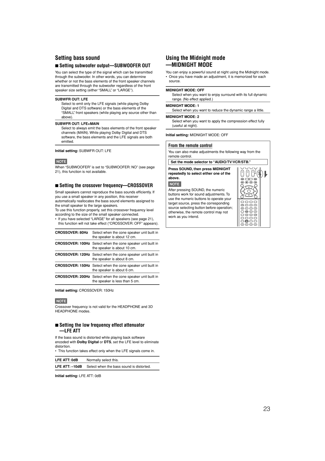 JVC LVT1306-007A manual Setting bass sound, Using the Midnight mode, Setting the low frequency effect attenuator 