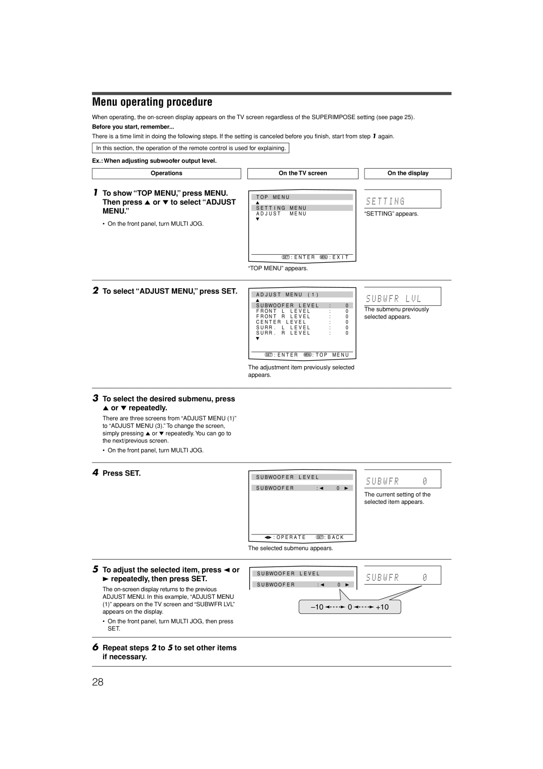 JVC LVT1306-007A manual To select Adjust MENU, press SET, 10 0 +10 