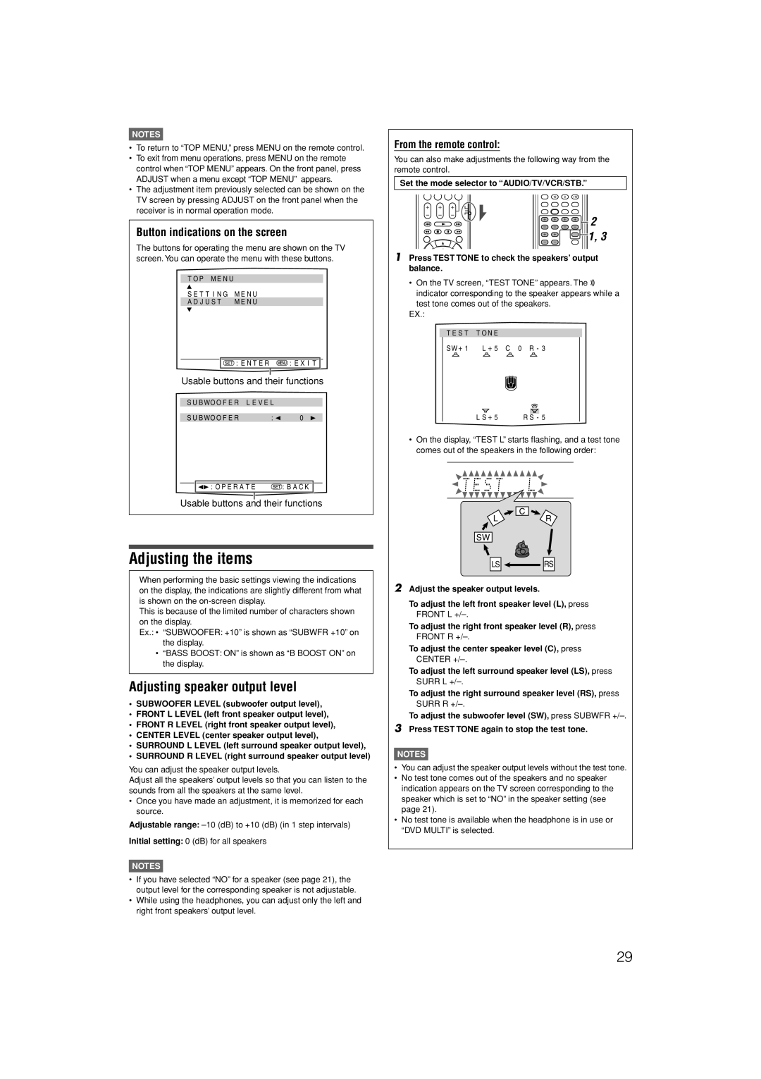 JVC LVT1306-007A manual Adjusting the items, Adjusting speaker output level, Ls Rs 