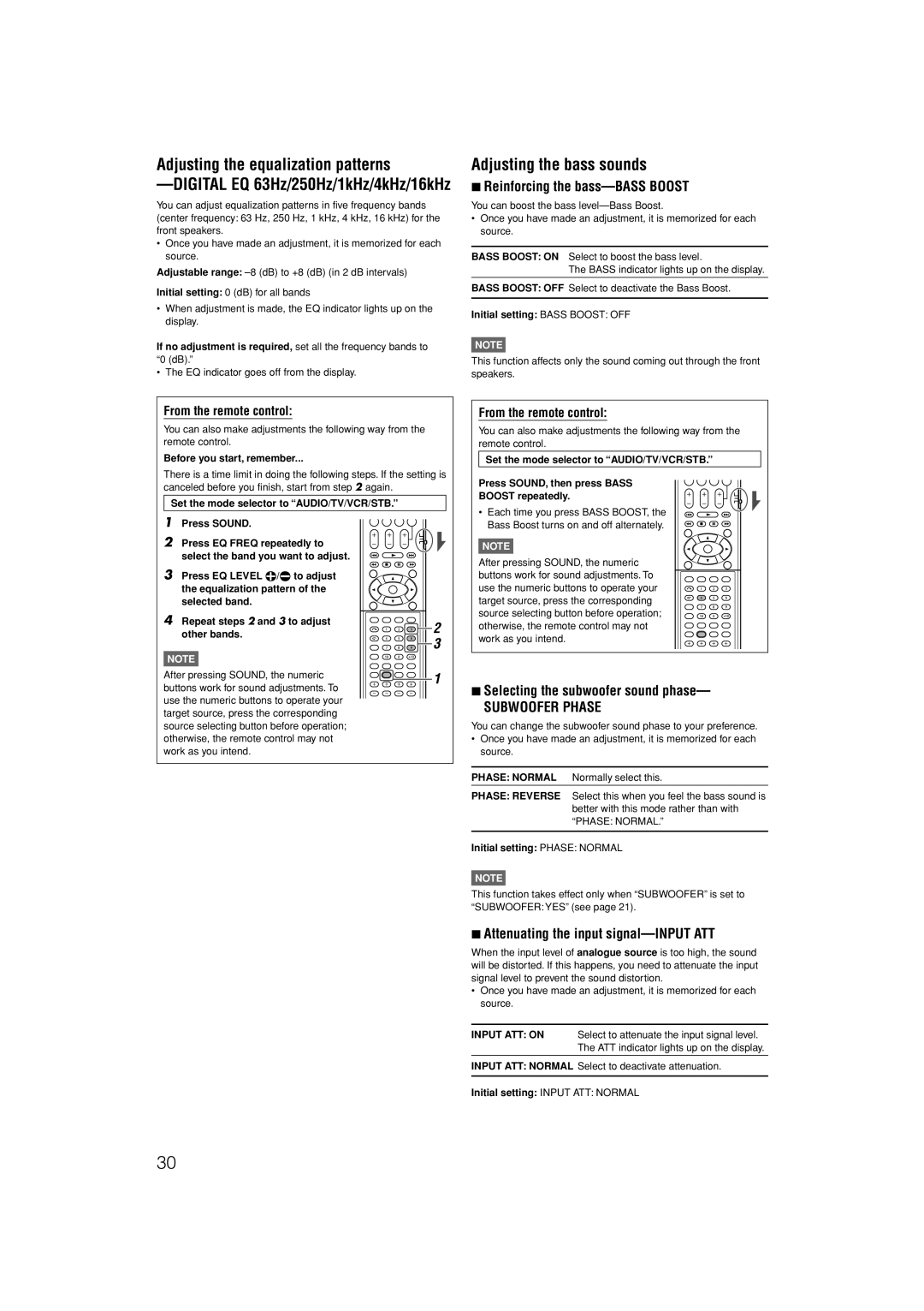 JVC LVT1306-007A manual Adjusting the bass sounds, Reinforcing the bass-BASS Boost, Selecting the subwoofer sound phase 