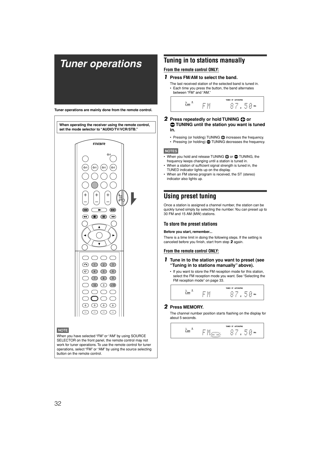 JVC LVT1306-007A Tuner operations, Tuning in to stations manually, Using preset tuning, To store the preset stations 