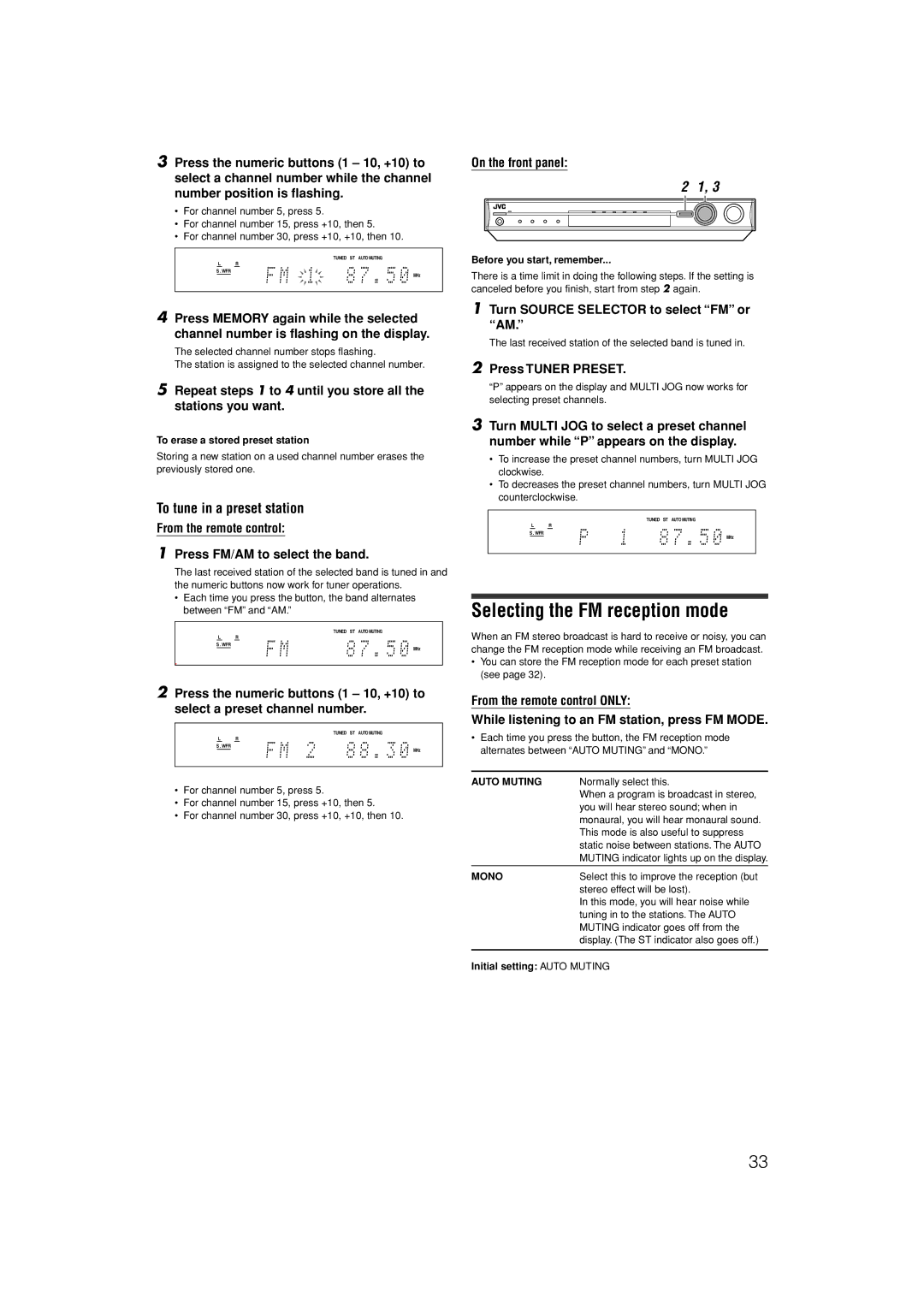 JVC LVT1306-007A Selecting the FM reception mode, To tune in a preset station, Turn Source Selector to select FM or AM 