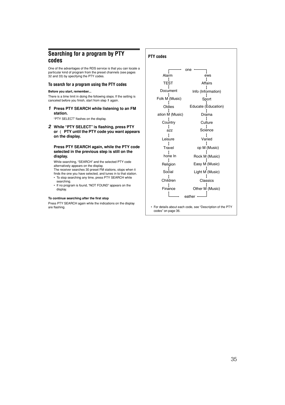 JVC LVT1306-007A manual Searching for a program by PTY codes, To search for a program using the PTY codes 