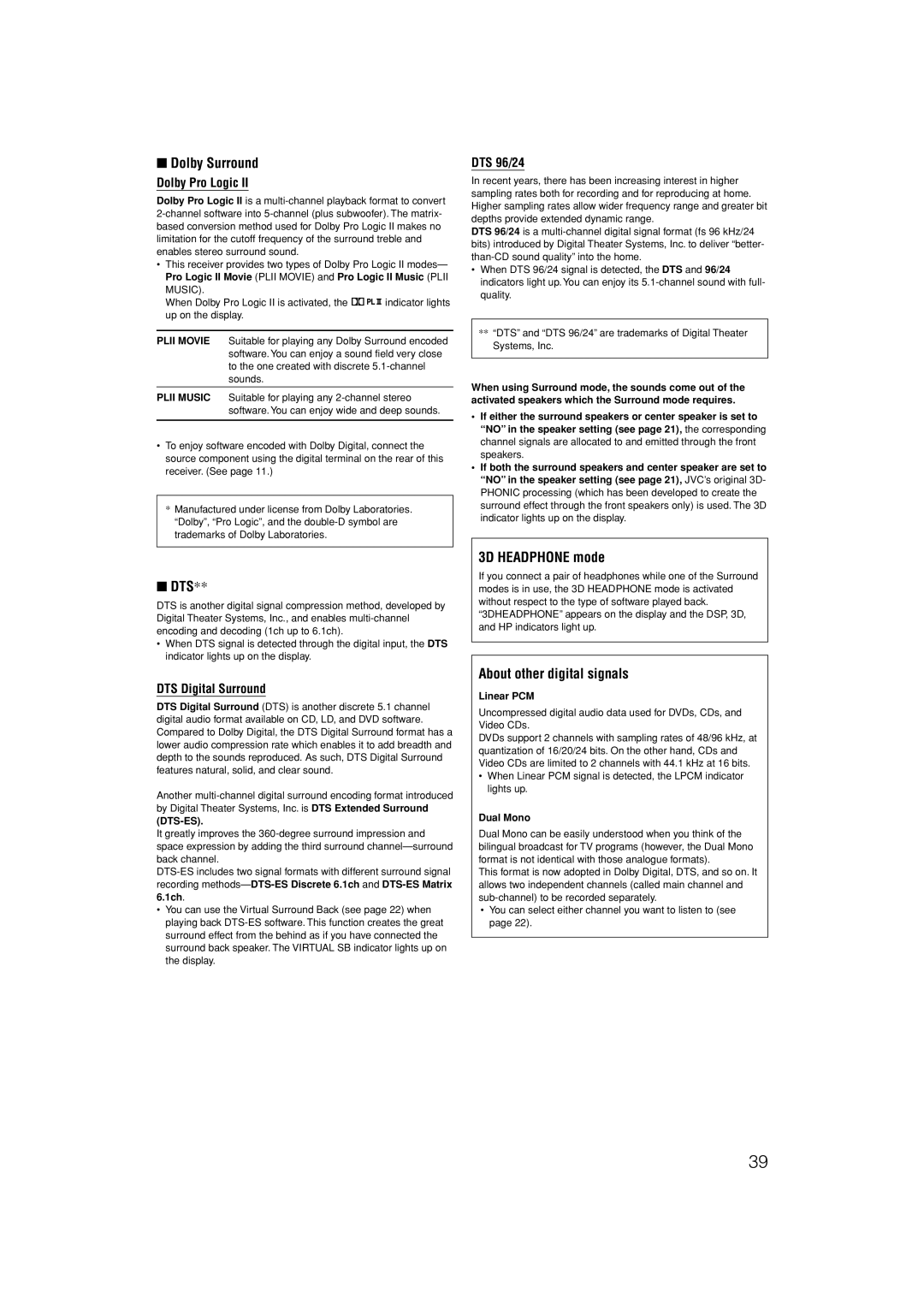 JVC LVT1306-007A manual Dolby Surround, Dts, 3D Headphone mode, About other digital signals 