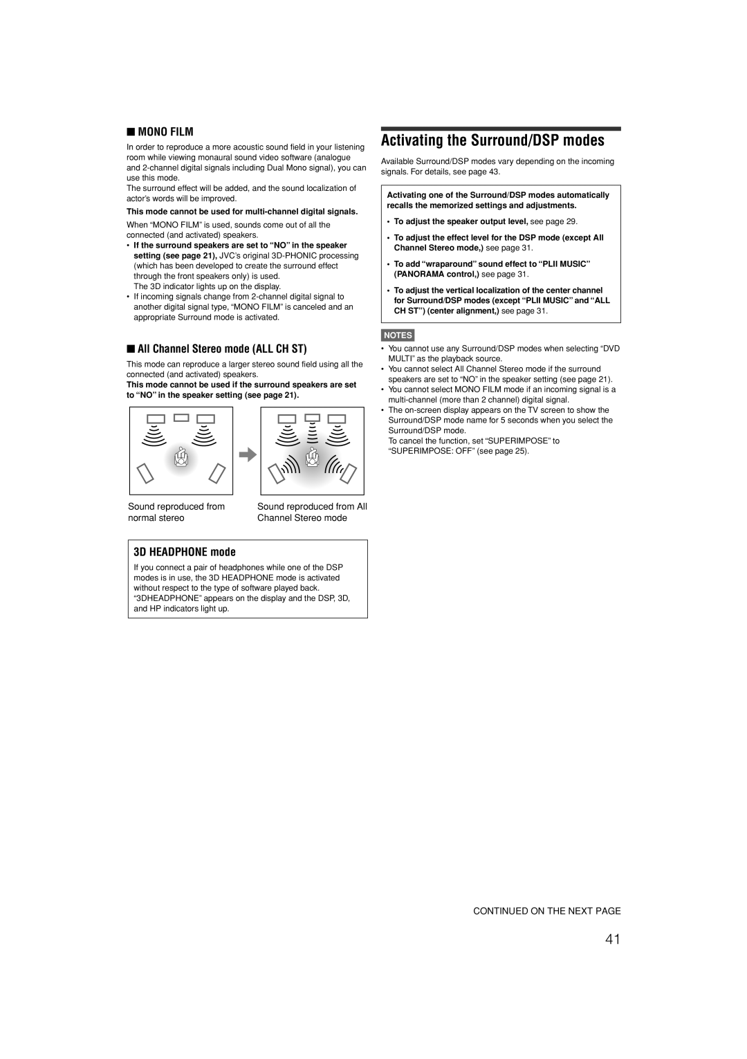 JVC LVT1306-007A manual Activating the Surround/DSP modes, All Channel Stereo mode ALL CH ST 