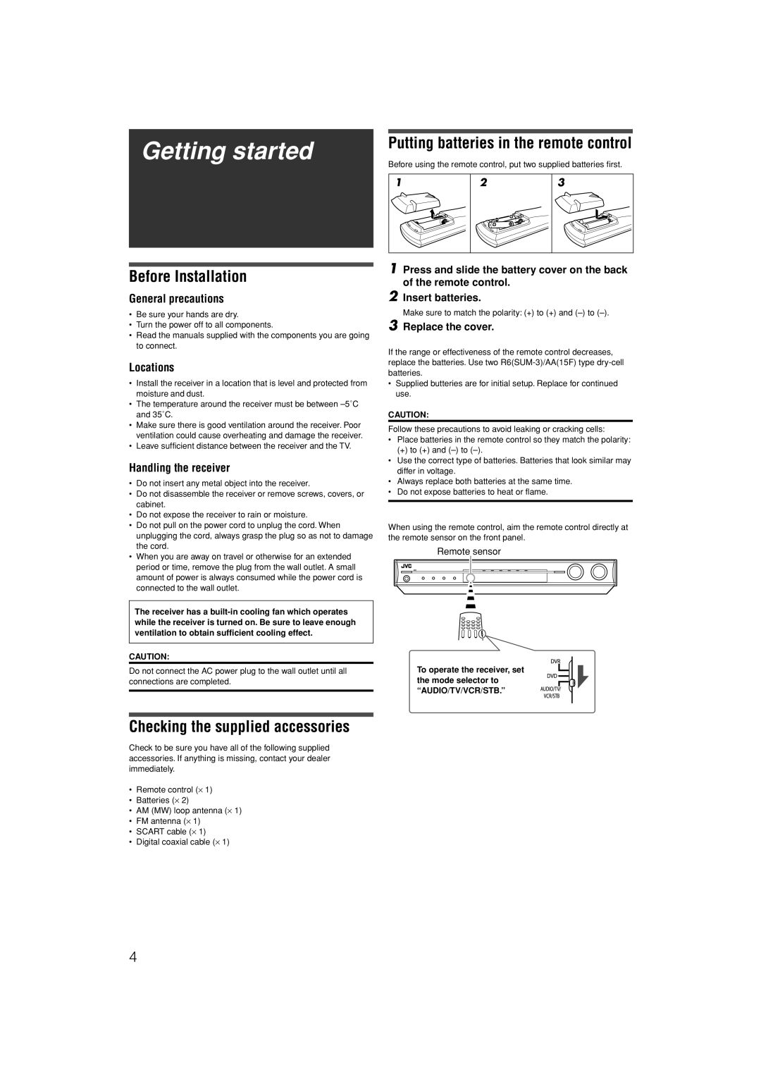 JVC LVT1306-007A manual Getting started, Before Installation, Putting batteries in the remote control 