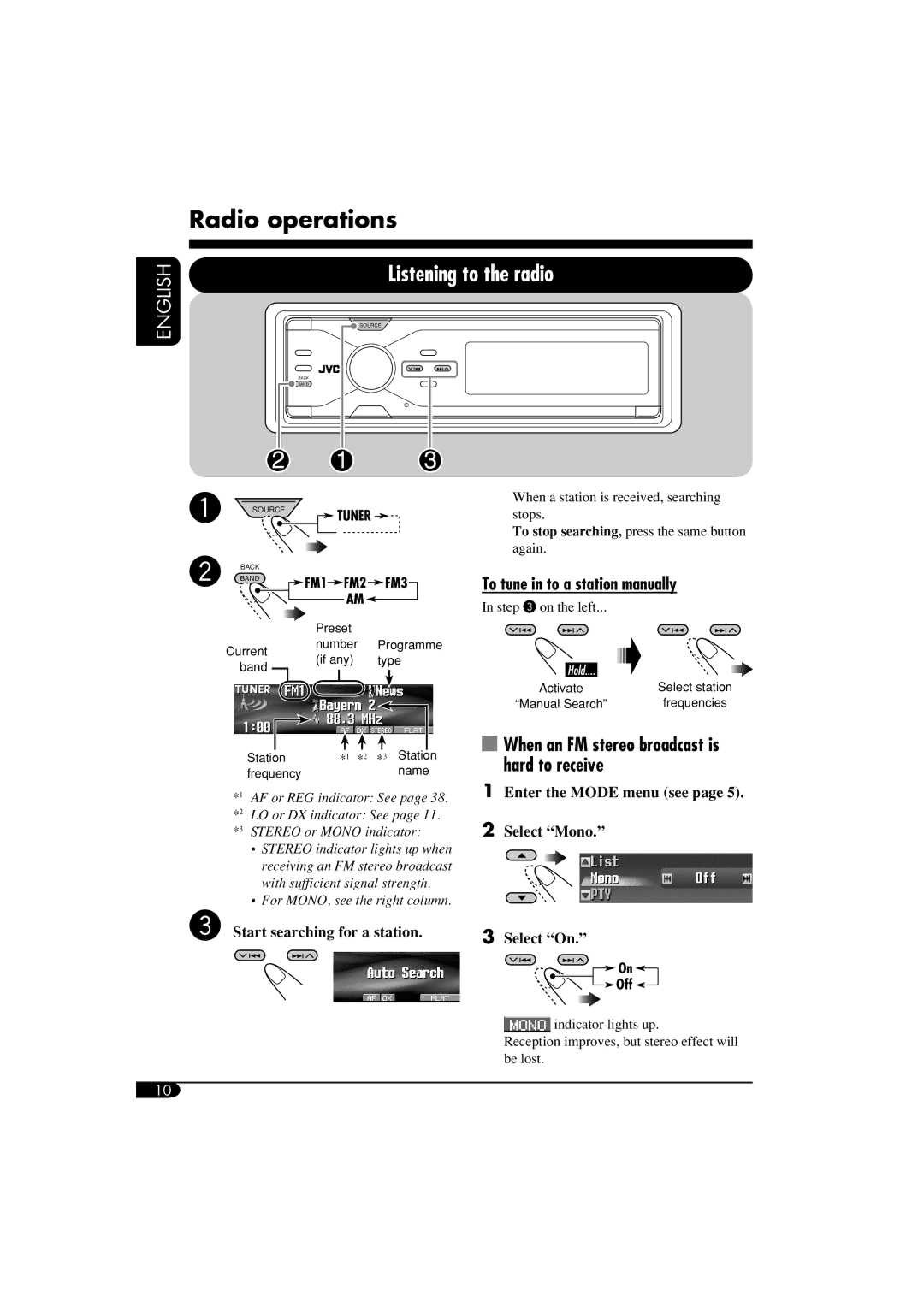 JVC LVT1311-003A Radio operations, Listening to the radio, To tune in to a station manually 