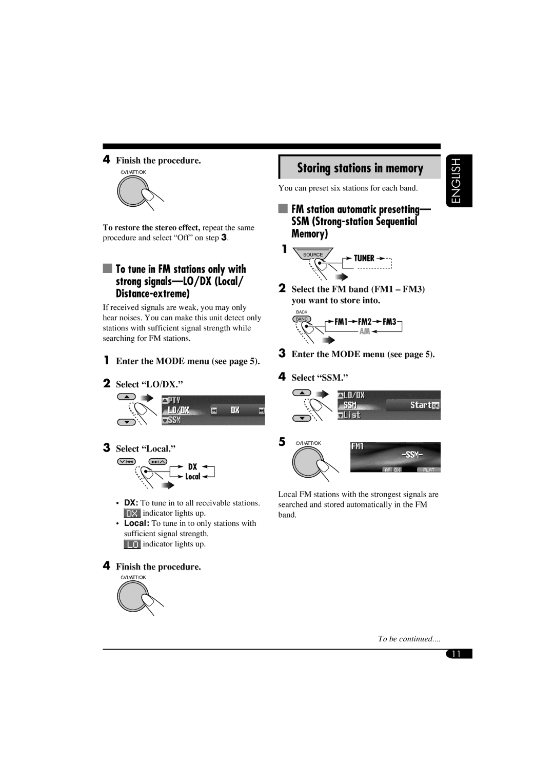 JVC LVT1311-003A manual Storing stations in memory, Enter the Mode menu see Select LO/DX Select Local 