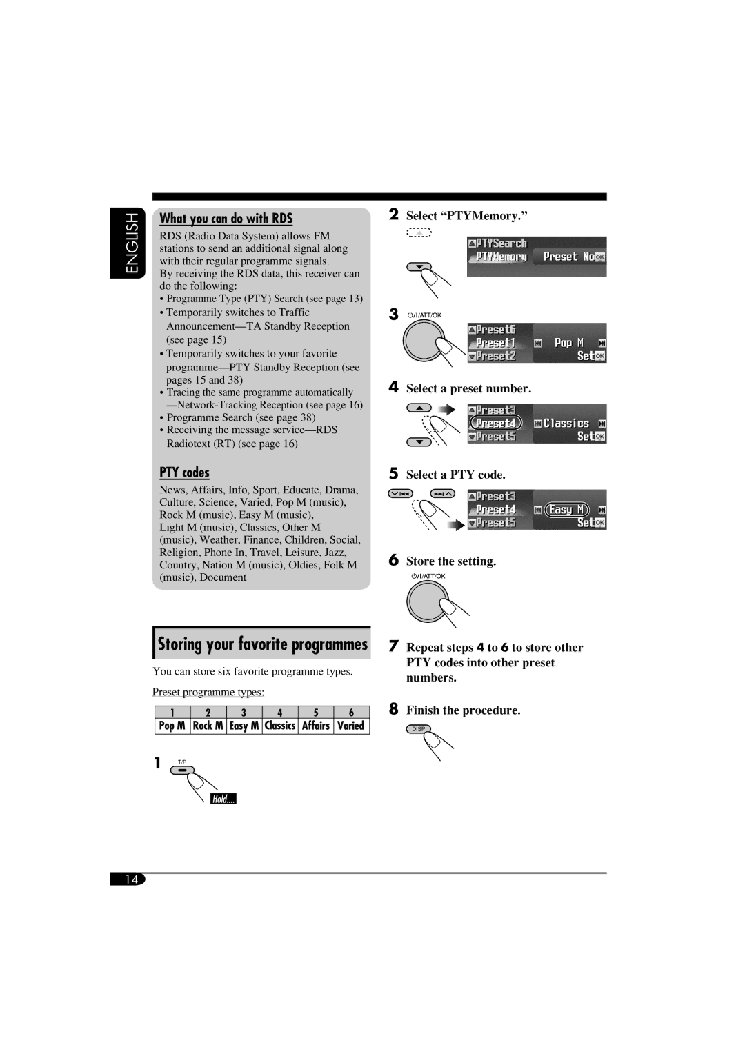 JVC LVT1311-003A manual What you can do with RDS, PTY codes, Storing your favorite programmes 