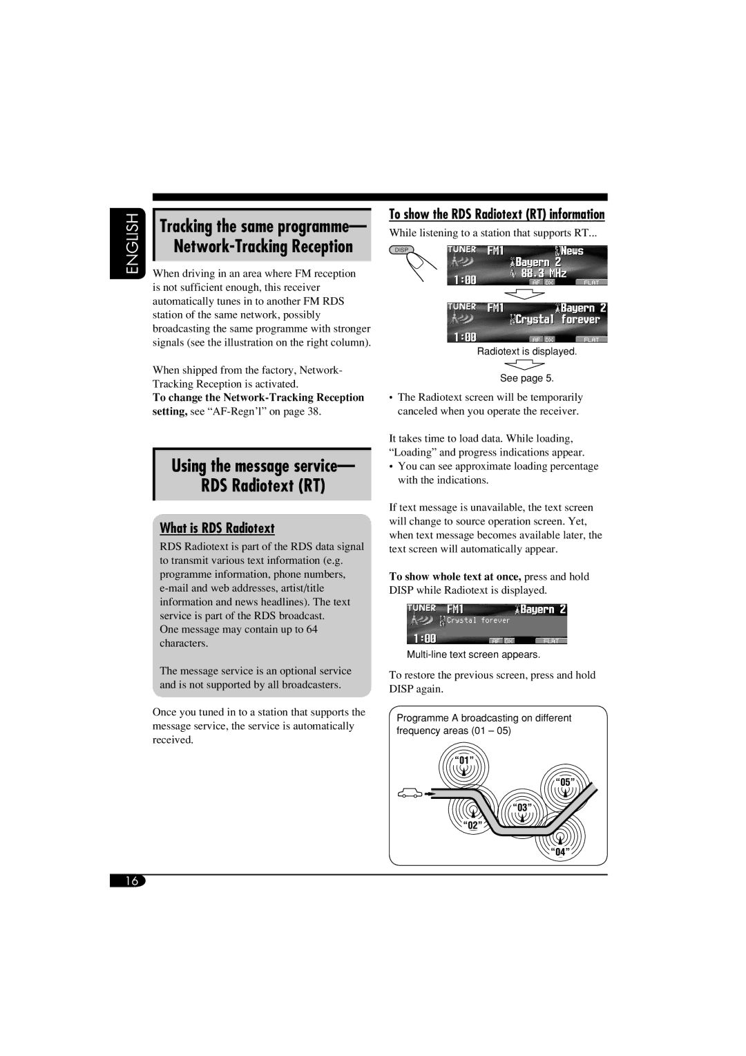 JVC LVT1311-003A What is RDS Radiotext, Tracking the same programme, Network-Tracking Reception, Using the message service 