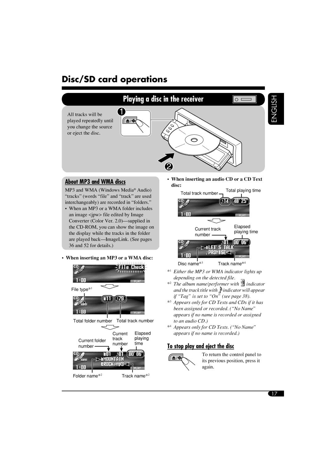 JVC LVT1311-003A manual Disc/SD card operations, Playing a disc in the receiver, About MP3 and WMA discs 