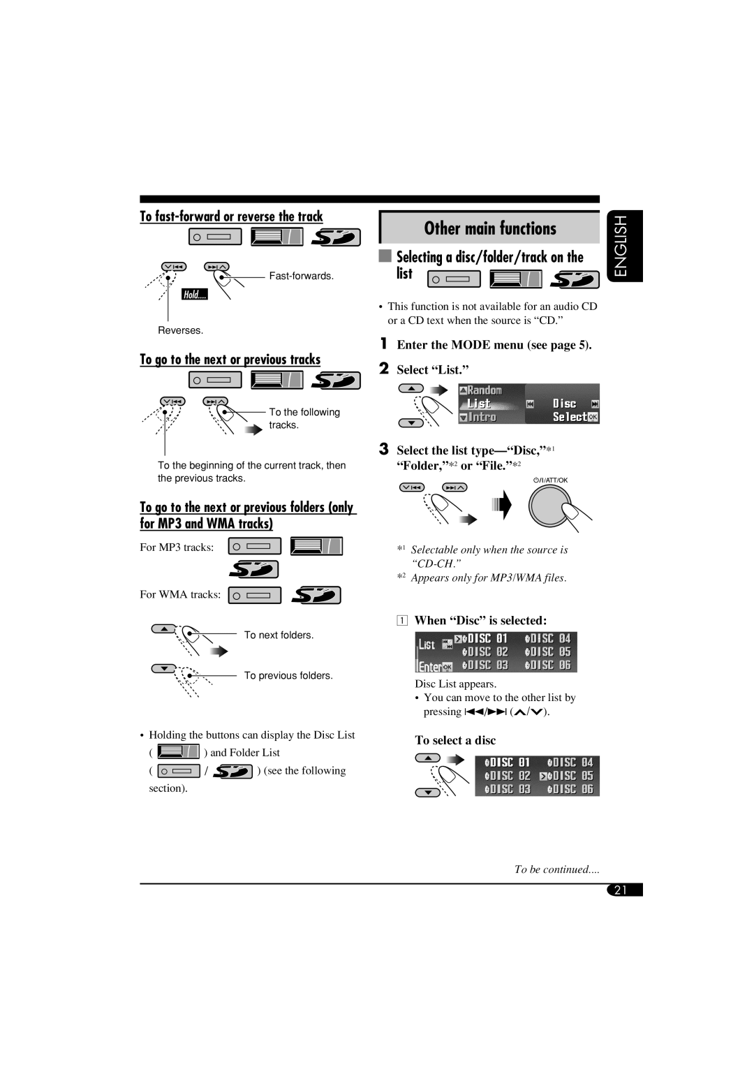 JVC LVT1311-003A Other main functions, Selecting a disc/folder/track on the list, When Disc is selected, To select a disc 