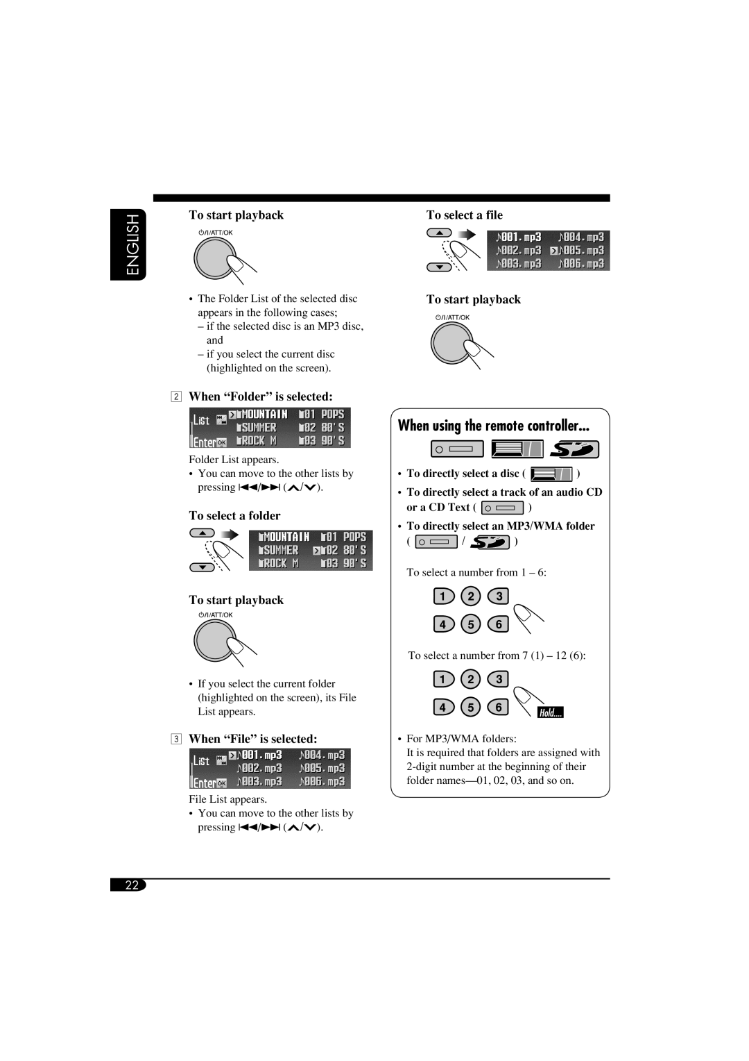 JVC LVT1311-003A manual When Folder is selected, To select a folder To start playback, When File is selected 