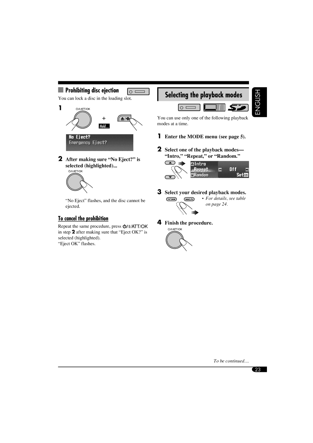 JVC LVT1311-003A manual Prohibiting disc ejection, Selecting the playback modes, To cancel the prohibition 