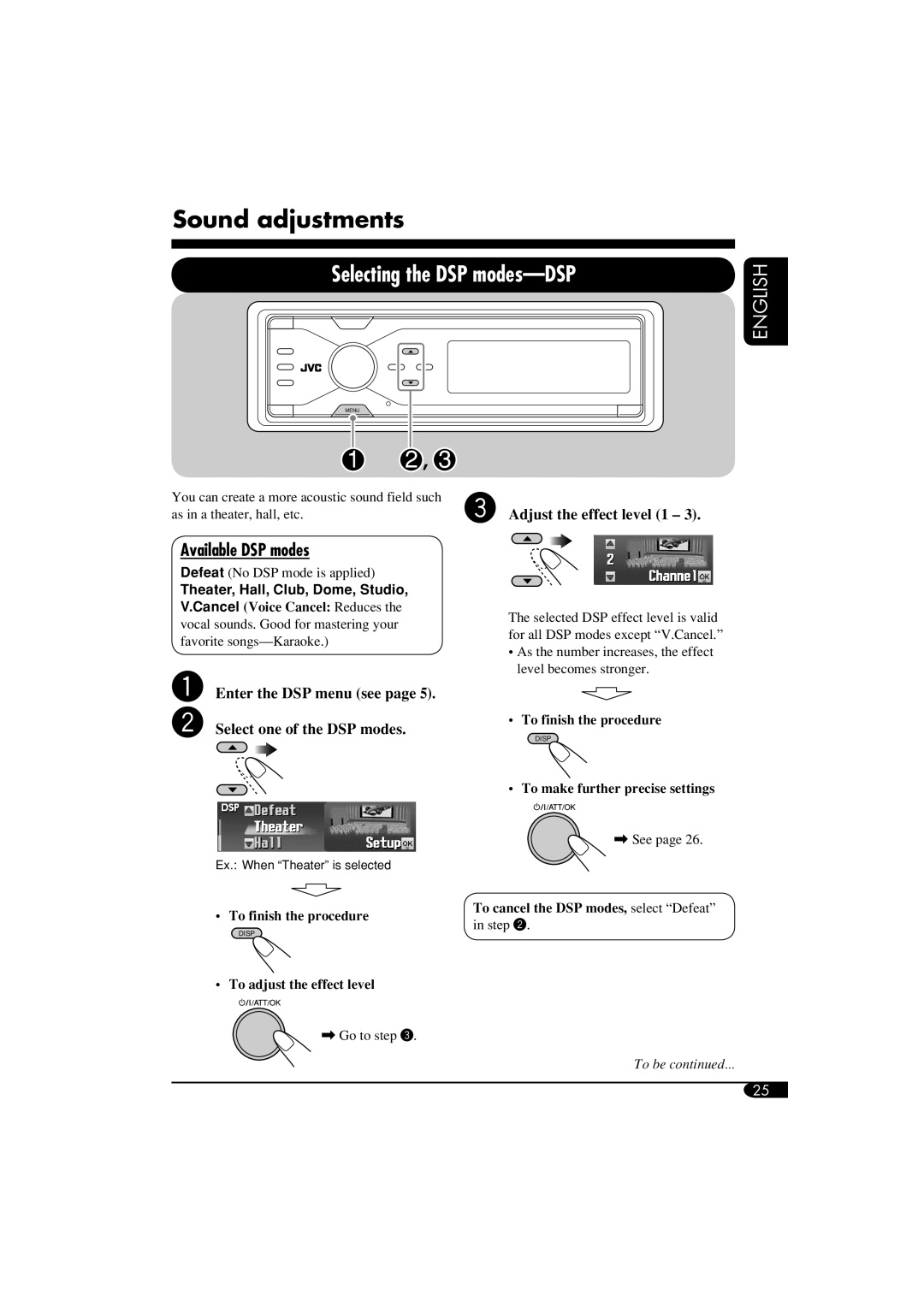 JVC LVT1311-003A manual Sound adjustments, Selecting the DSP modes-DSP, Available DSP modes, Adjust the effect level 1 