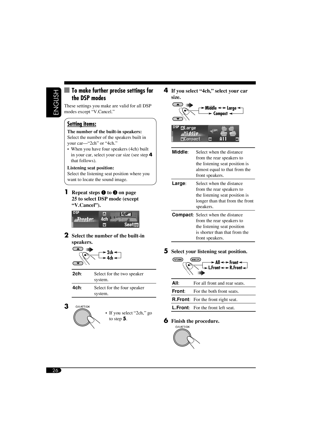 JVC LVT1311-003A To make further precise settings for the DSP modes, Setting items, Select your listening seat position 