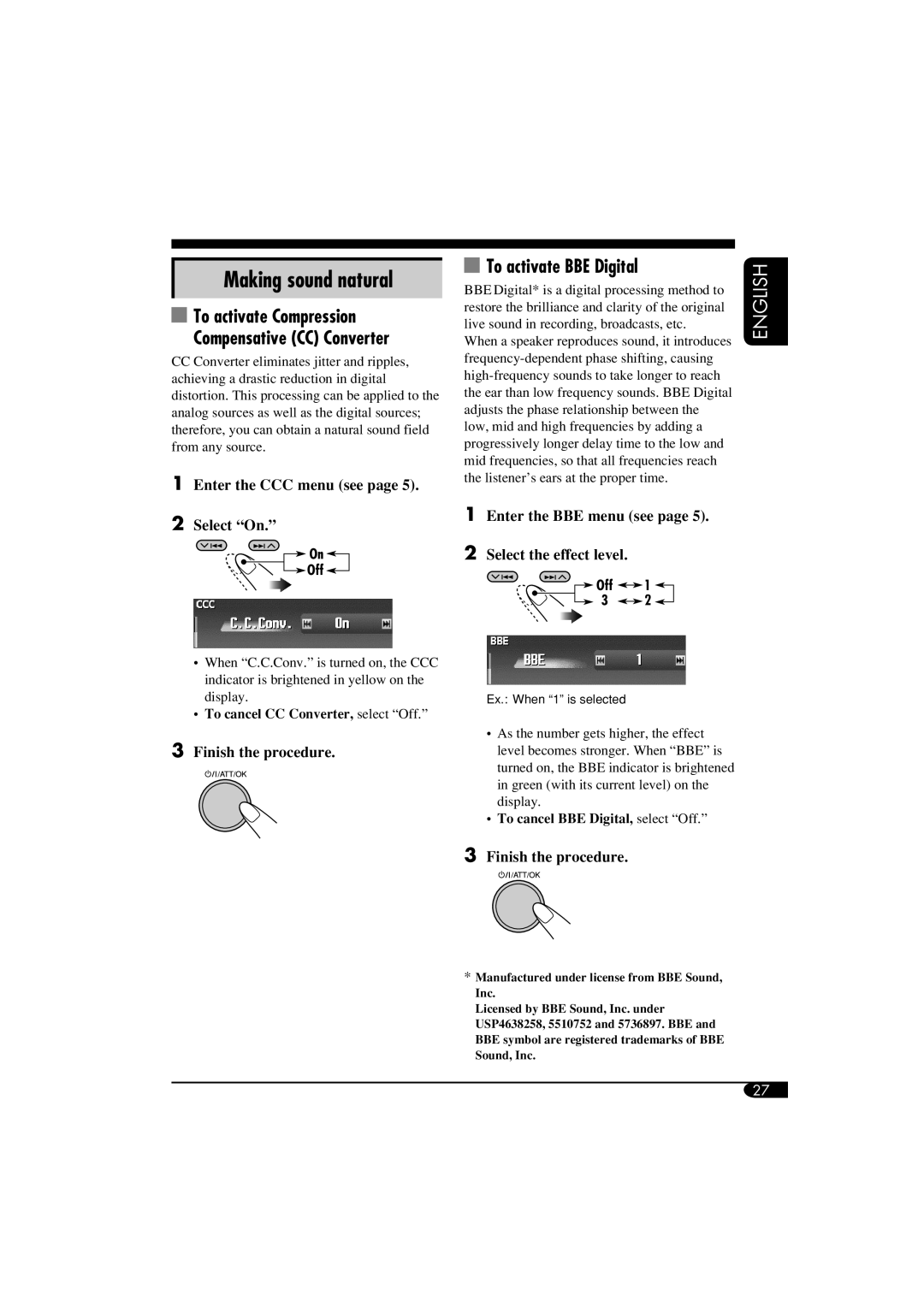 JVC LVT1311-003A manual Making sound natural, To activate BBE Digital, Enter the CCC menu see Select On 