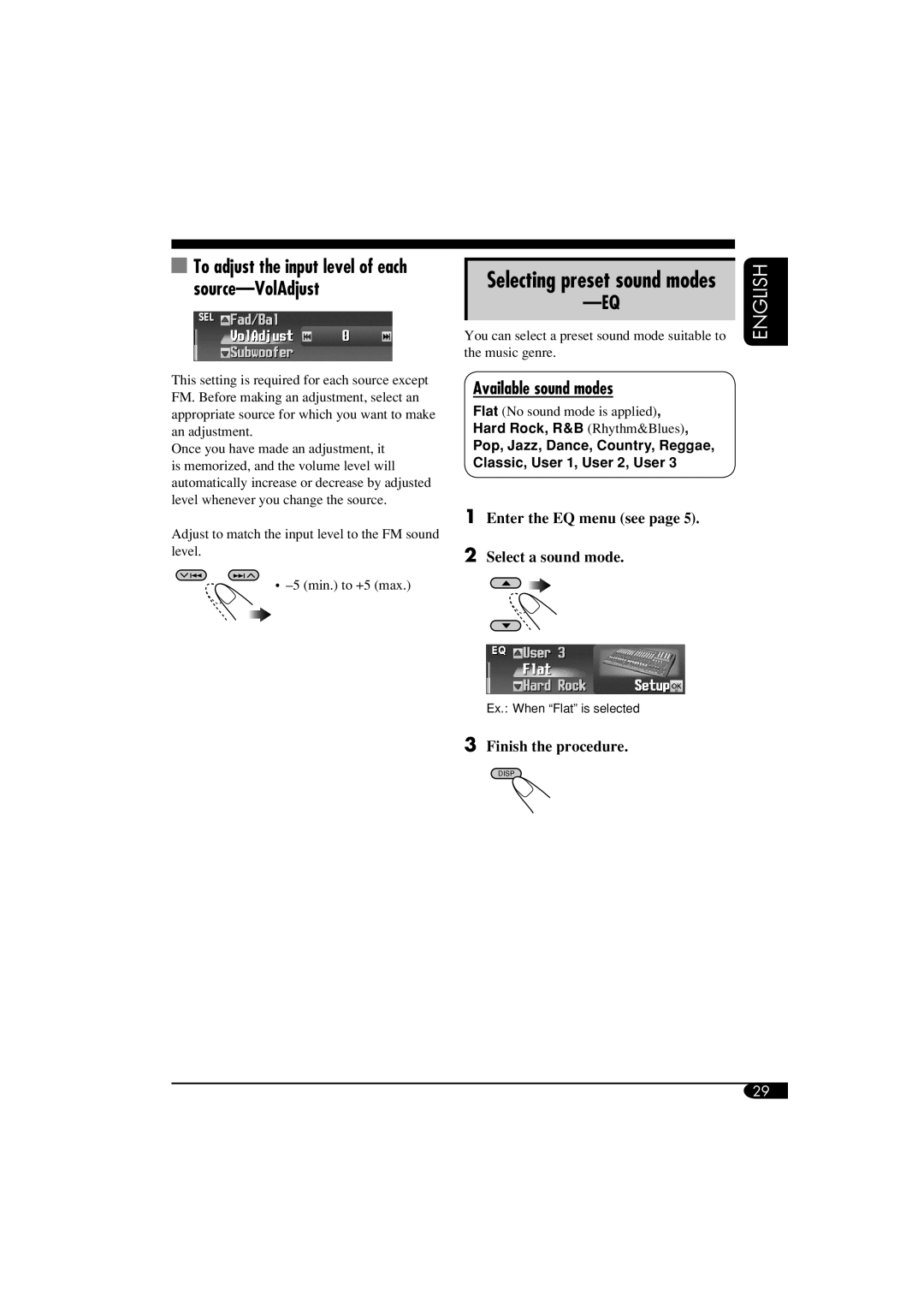 JVC LVT1311-003A To adjust the input level of each source-VolAdjust, Selecting preset sound modes, Available sound modes 