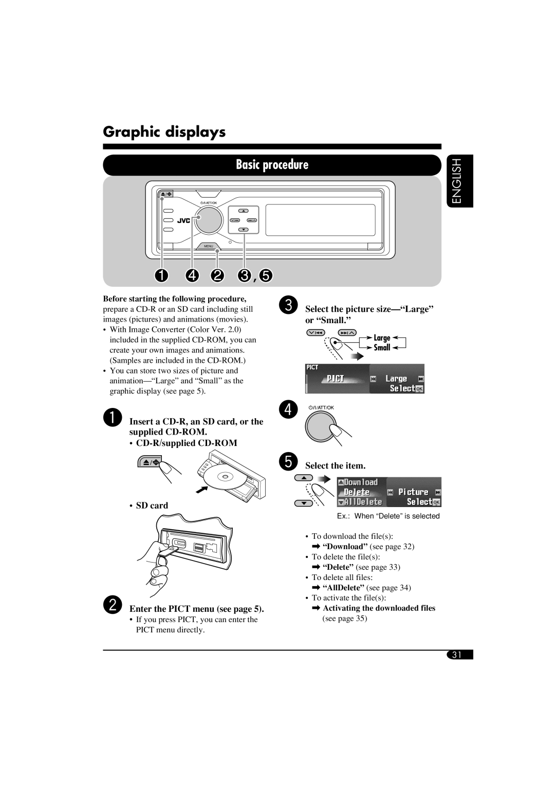 JVC LVT1311-003A manual Graphic displays, Basic procedure, Select the picture size-Large or Small, @ Select the item 