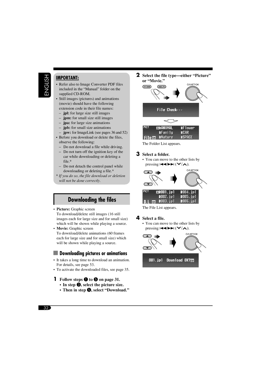 JVC LVT1311-003A Downloading the ﬁles, Downloading pictures or animations, Select the file type-either Picture or Movie 