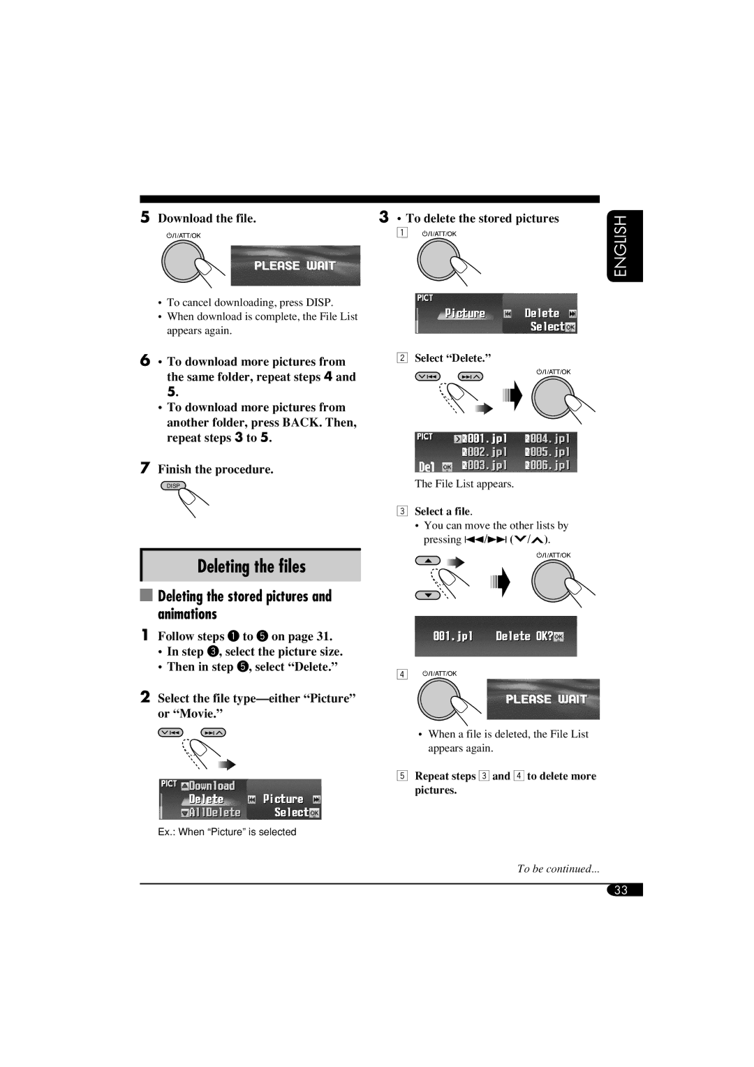 JVC LVT1311-003A manual Deleting the ﬁles, Deleting the stored pictures and animations 