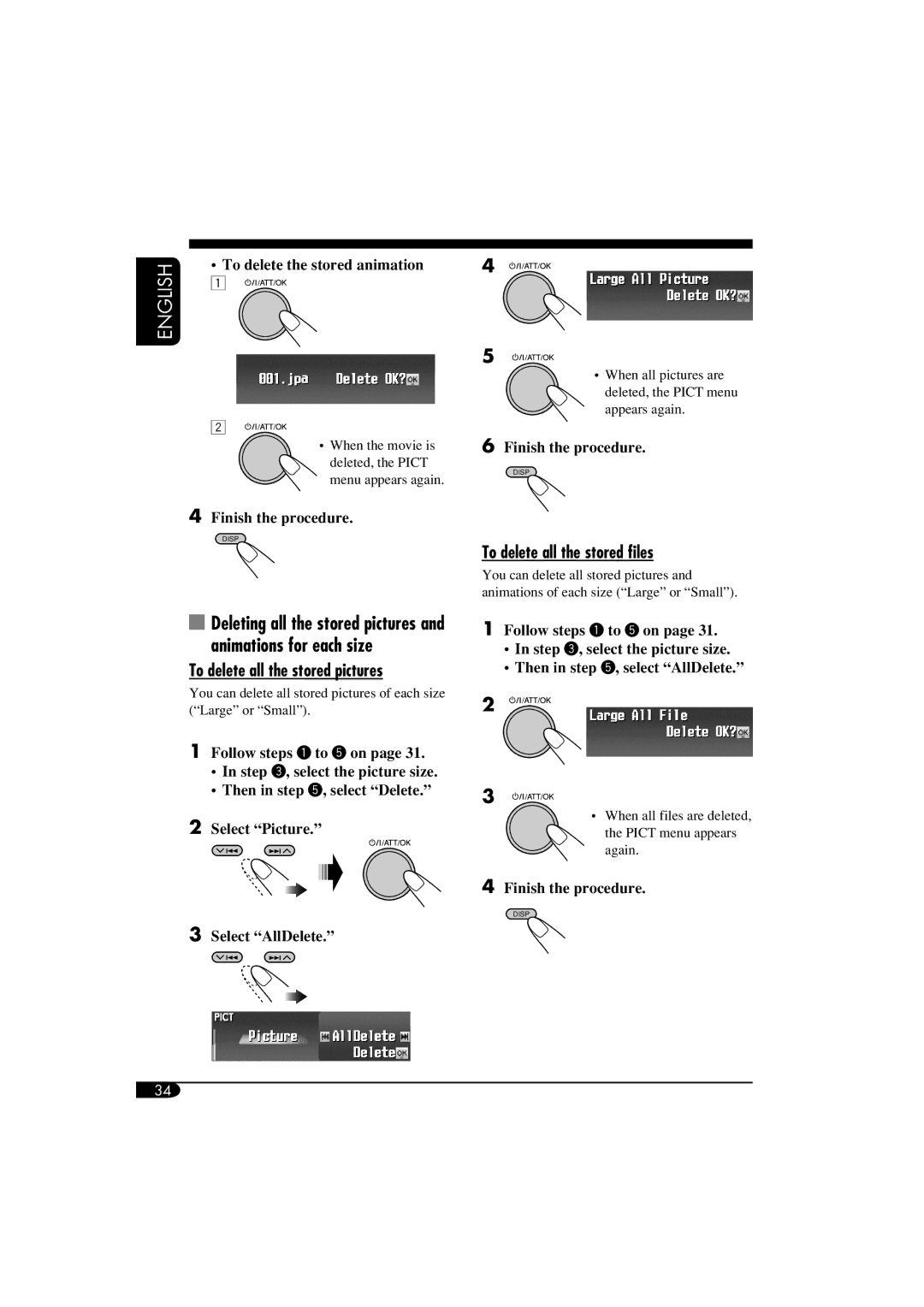 JVC LVT1311-003A manual To delete all the stored pictures, To delete all the stored files, To delete the stored animation 