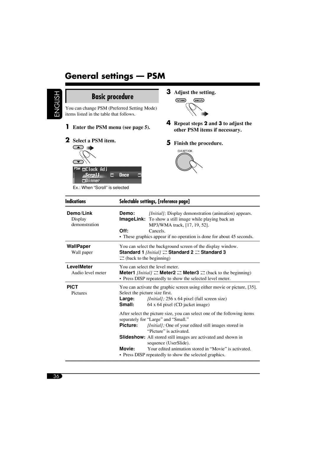 JVC LVT1311-003A General settings PSM, Basic procedure, Adjust the setting, Indications Selectable settings, reference 