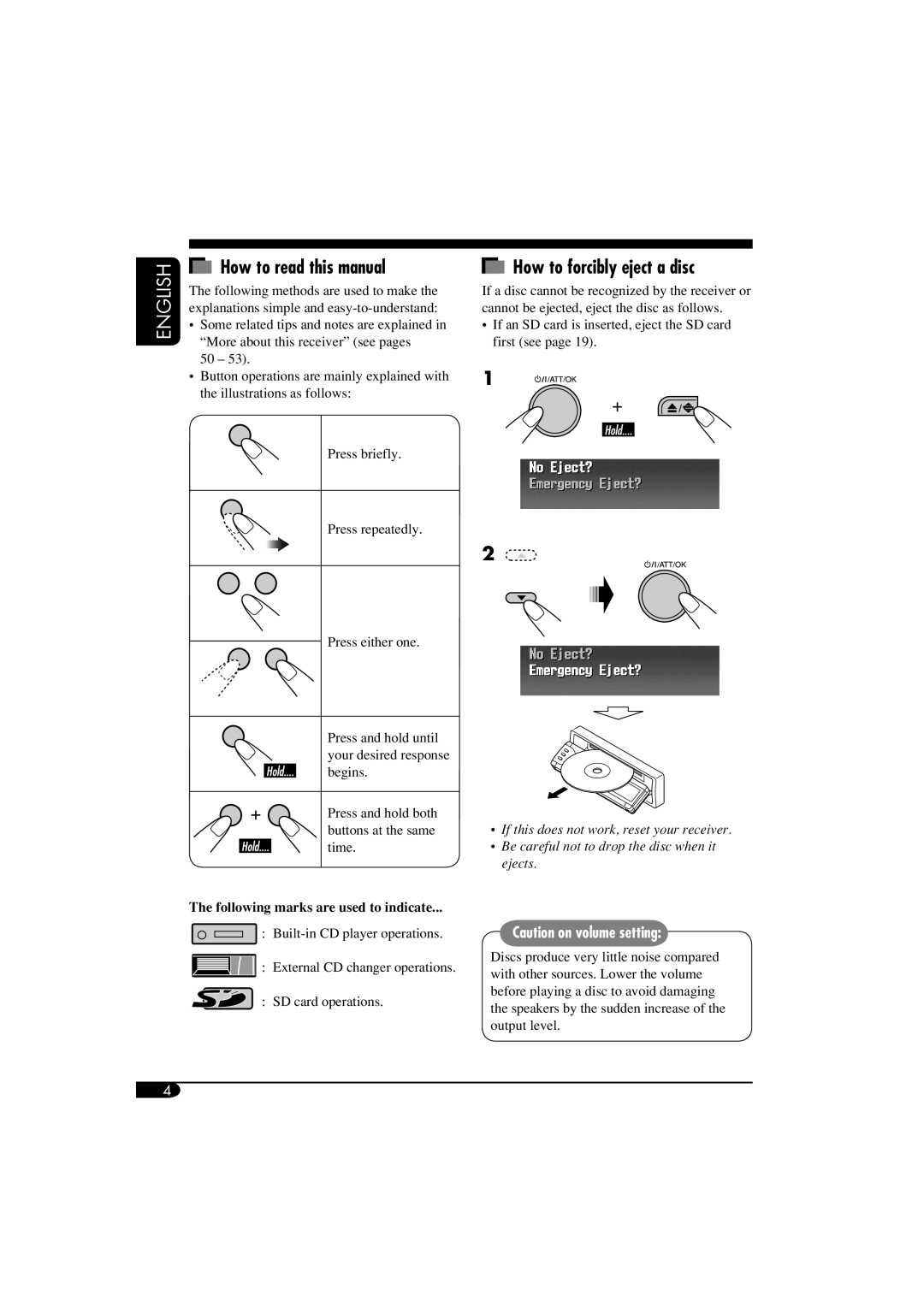 JVC LVT1311-003A How to read this manual, How to forcibly eject a disc, Following marks are used to indicate 