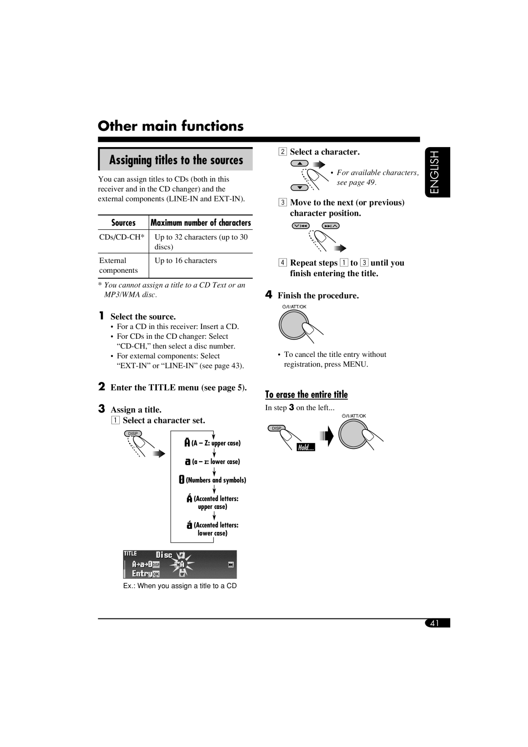 JVC LVT1311-003A manual Other main functions, To erase the entire title, Select the source 