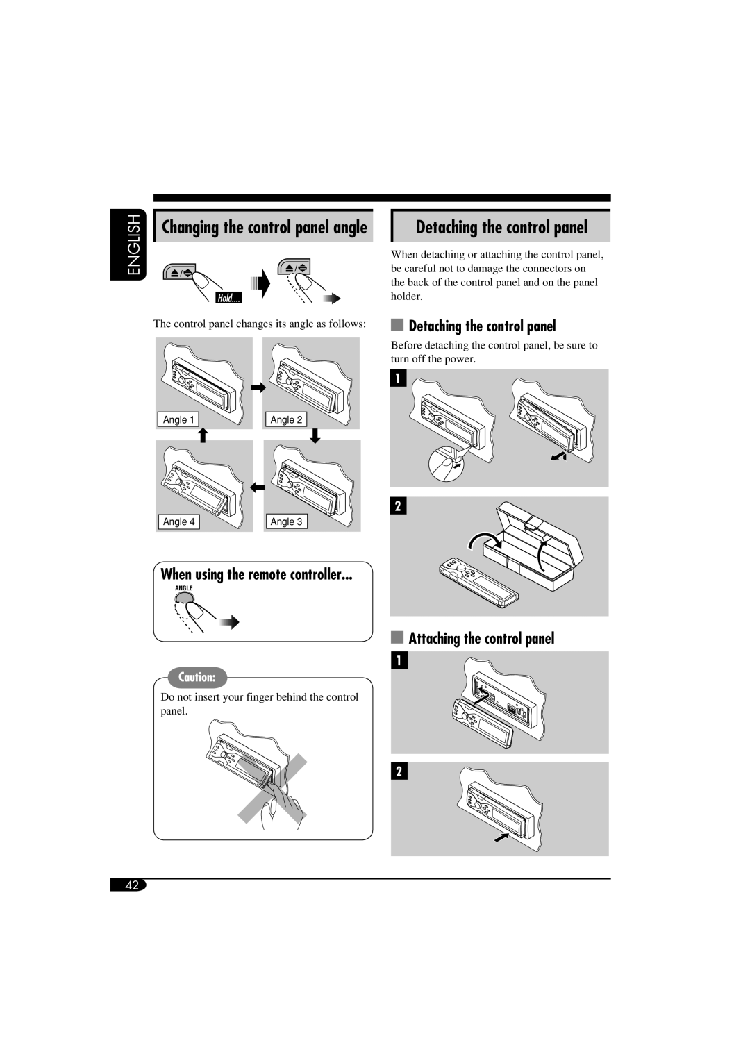 JVC LVT1311-003A manual Detaching the control panel, Changing the control panel angle 