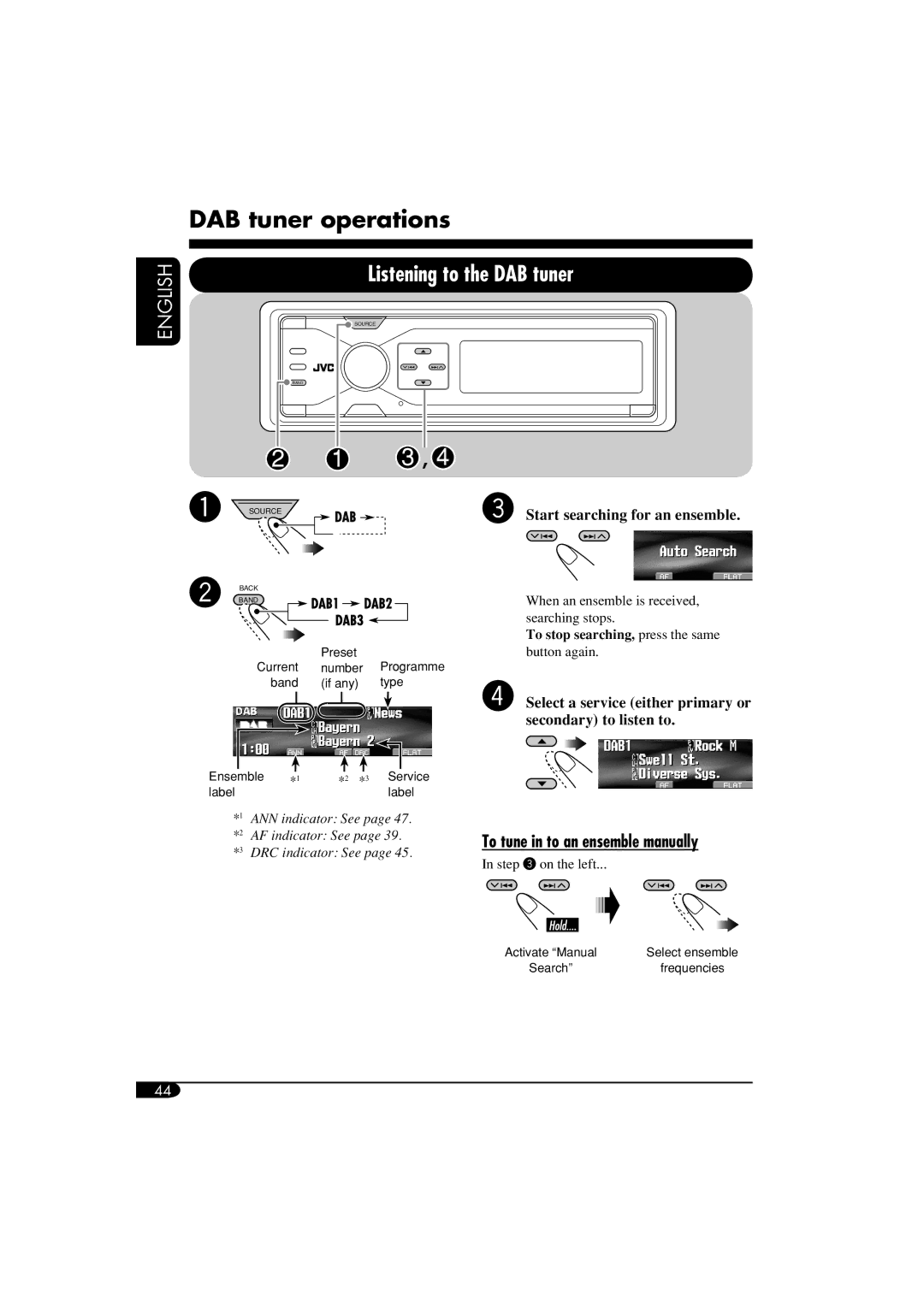 JVC LVT1311-003A DAB tuner operations, Listening to the DAB tuner, To tune in to an ensemble manually 