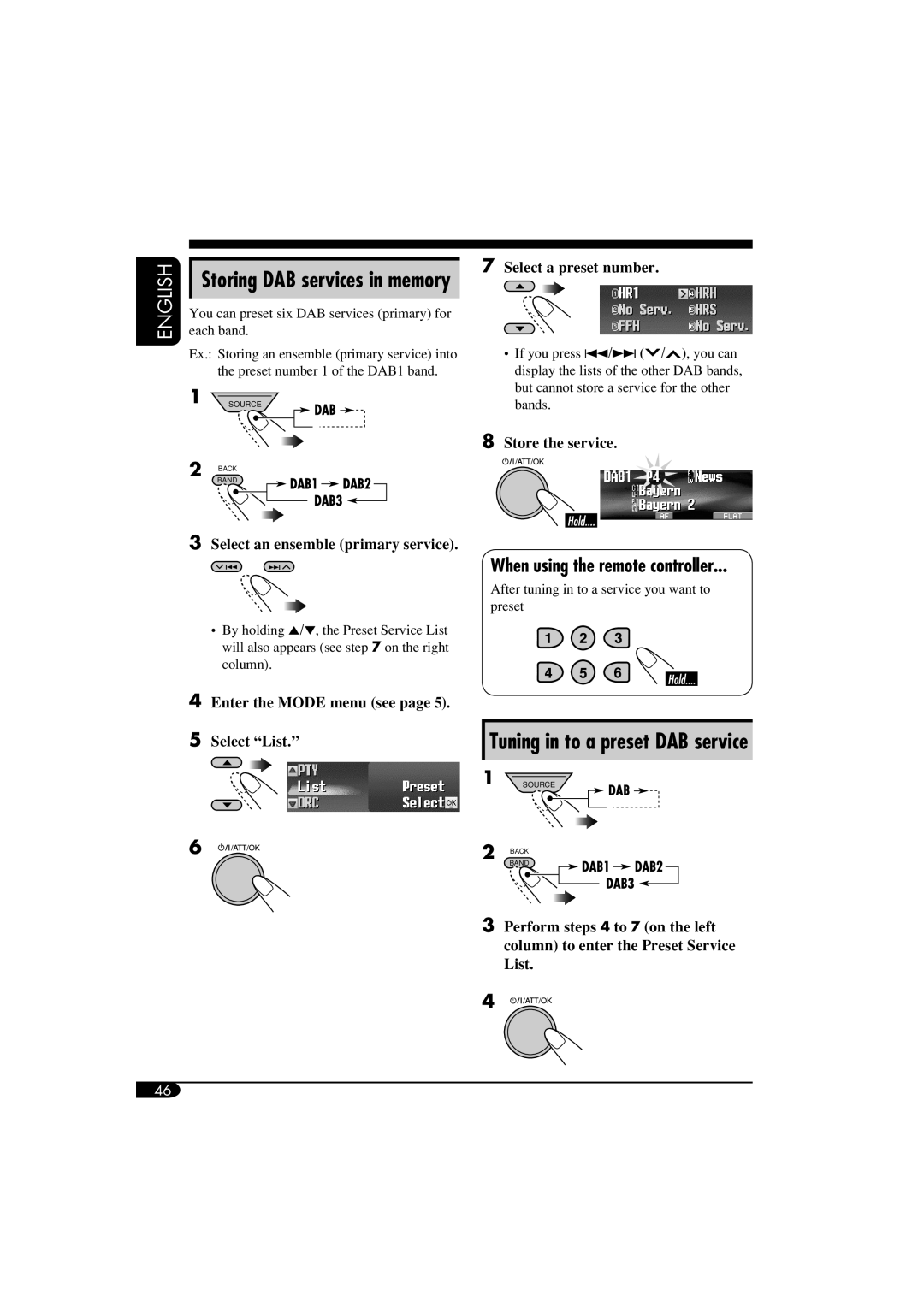 JVC LVT1311-003A Tuning in to a preset DAB service, Storing DAB services in memory, Select an ensemble primary service 