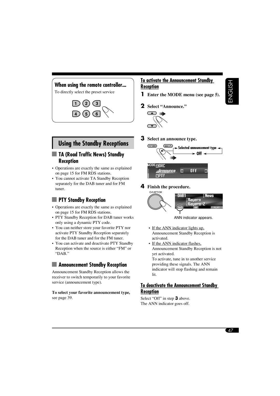 JVC LVT1311-003A manual When using the remote controller, Announcement Standby Reception 