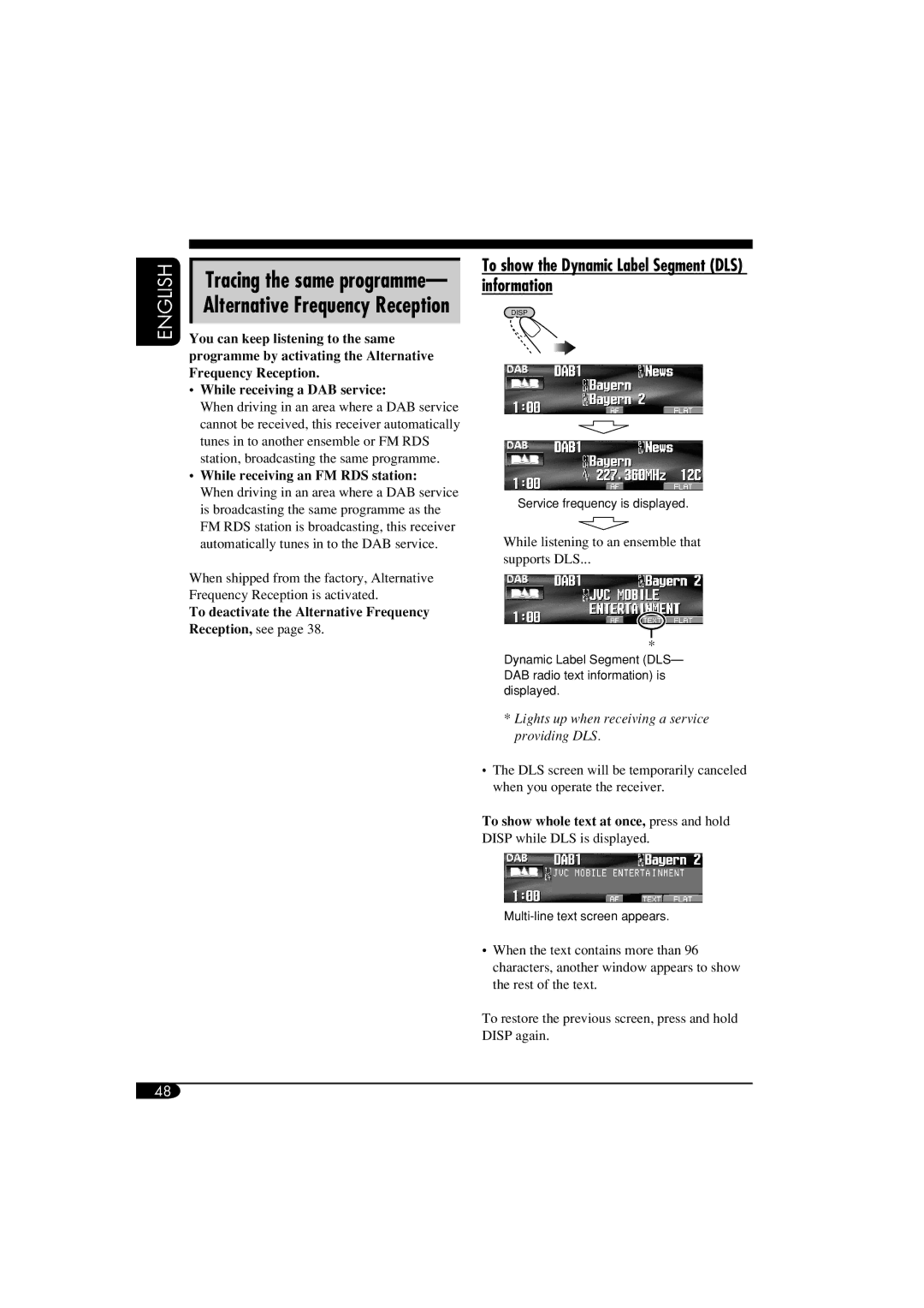 JVC LVT1311-003A manual To show the Dynamic Label Segment DLS information, While receiving an FM RDS station 