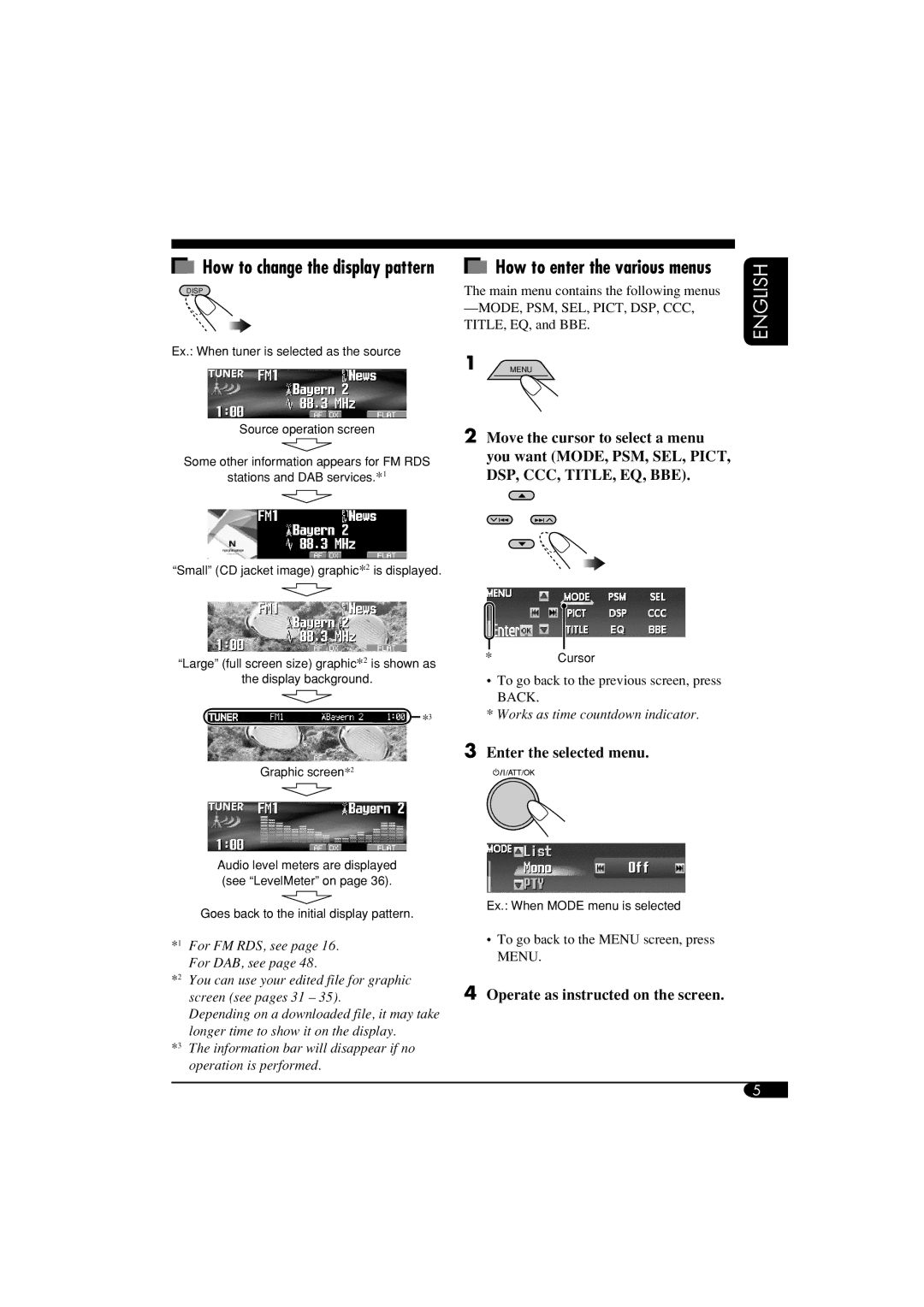 JVC LVT1311-003A manual How to change the display pattern, How to enter the various menus, Enter the selected menu 