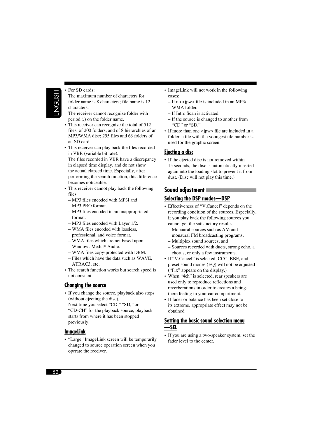 JVC LVT1311-003A manual Changing the source, ImageLink, Ejecting a disc, Sound adjustment Selecting the DSP modes-DSP 