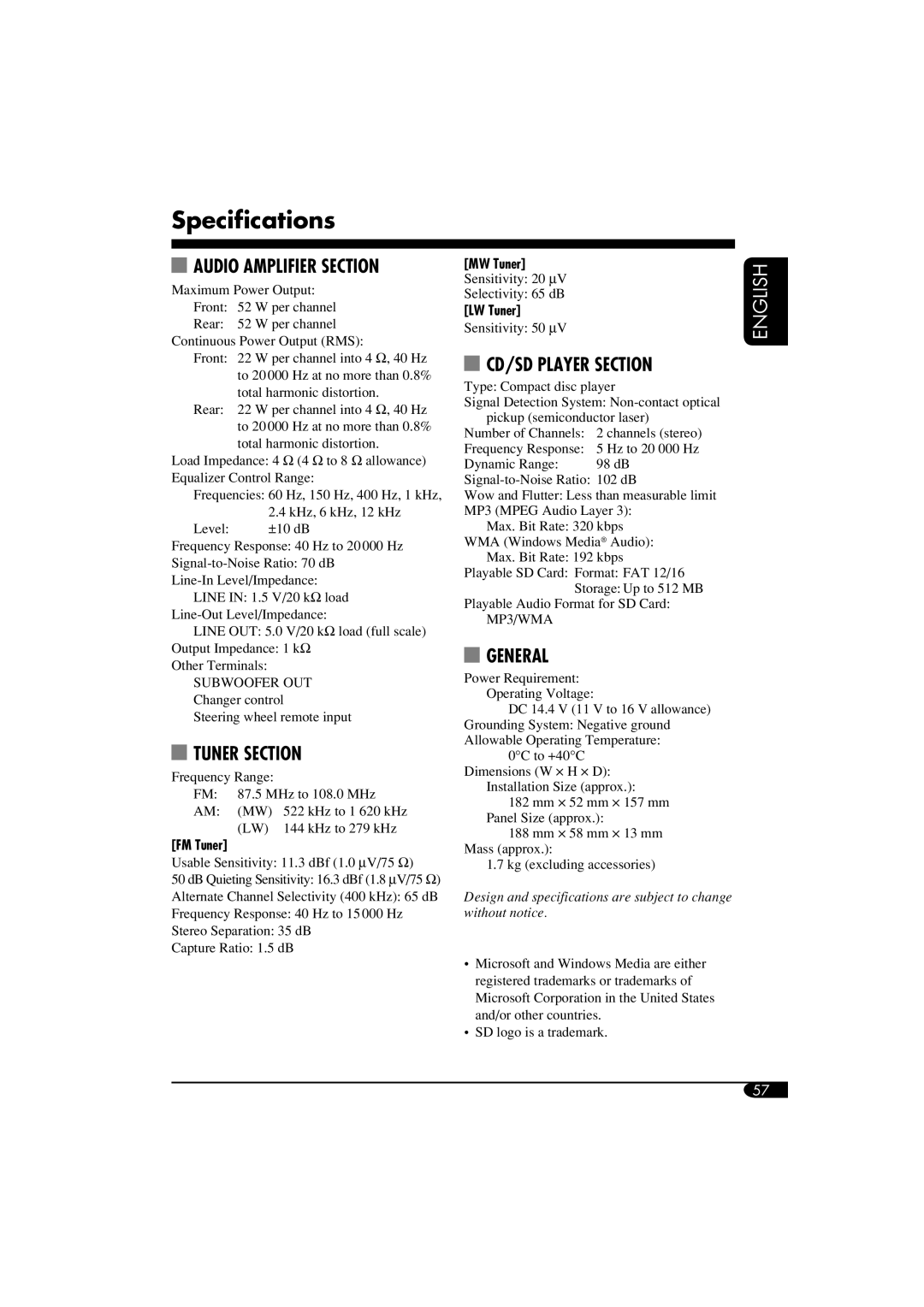 JVC LVT1311-003A manual Specifications, Audio Amplifier Section 