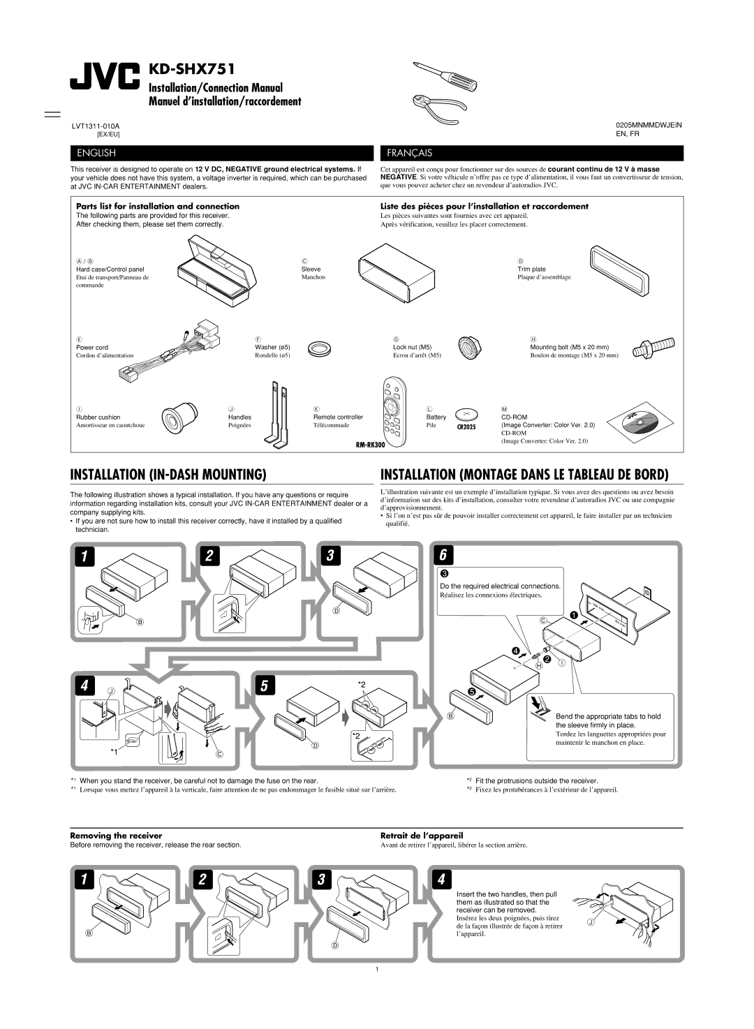 JVC LVT1311-003A manual KD-SHX751, Removing the receiver Retrait de l’appareil 